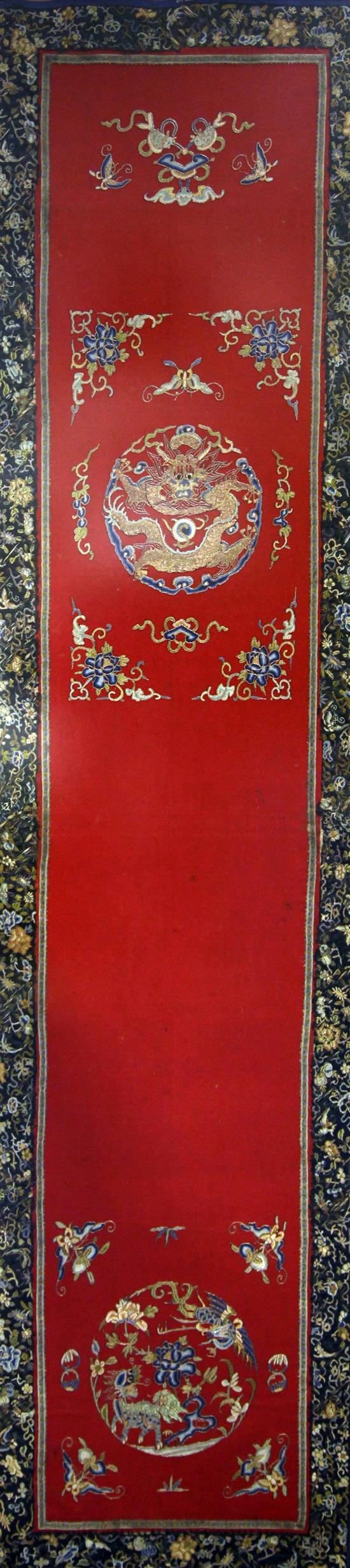 A pair of Chinese embroidered silk and metal thread panels, late 19th century, 180 x 42.5cm, later framed and glazed